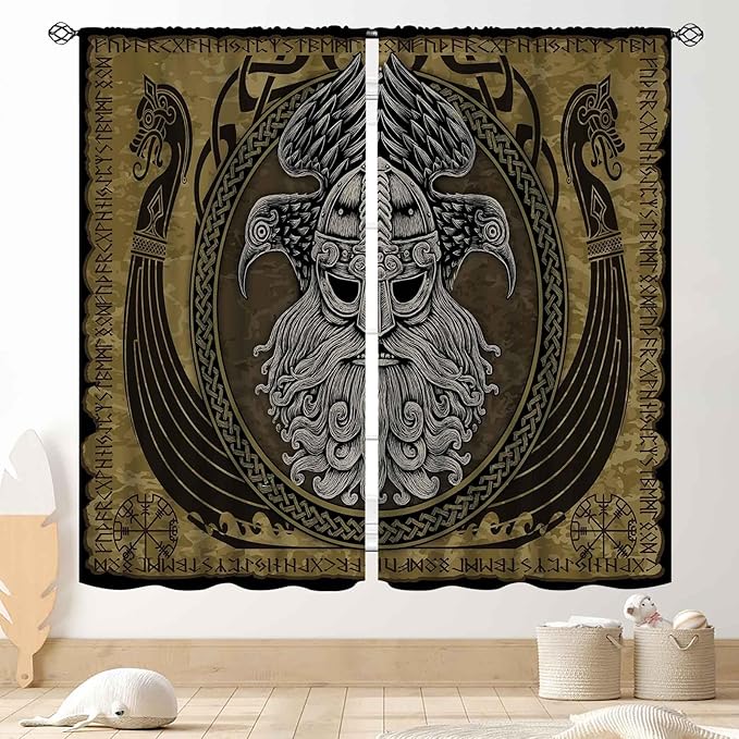 Norse Viking Curtains, Nordic Warriors Sword Celtic Rune Scandinavian Aesthetic Nation Valknut Mythology Window Drapery for Bedroom Living Room Bathroom 2 Panels, 84"x84" Inch