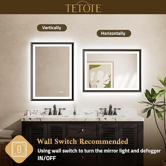 TETOTE LED Mirror for Bathroom Black Metal Frame 40x32 Frontlit & Backlit Lighted Vanity Mirror Baroque Gothic Anti Fog Stepless Dimmable White/Warm/Natural,CRI90+,Waterproof(Horizontal/Vertical)