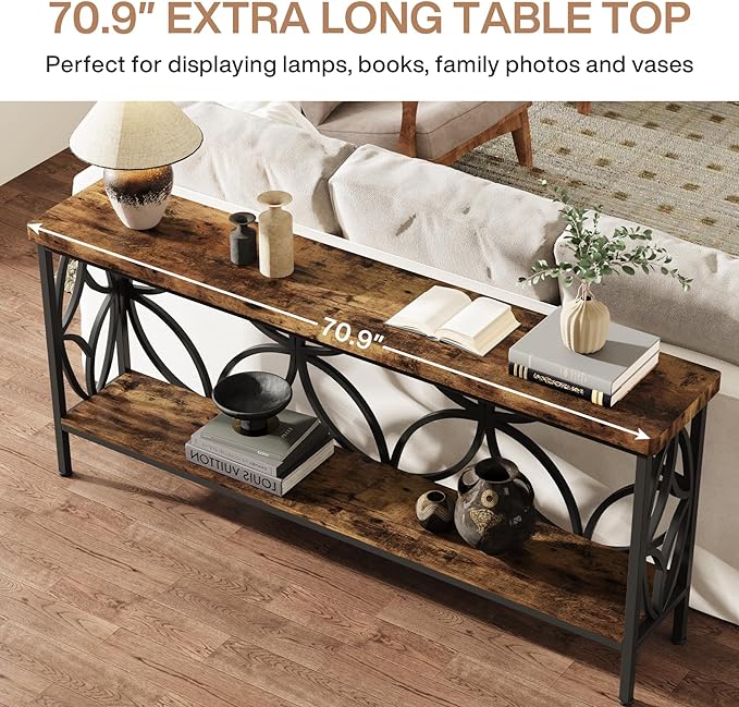 LITTLE TREE Sofa Table, 70.9 Inch Industrial Behind Couch Table with Storage Shelves, Narrow Long Console Table for Entryway, Living Room, Foyer, Hallway, Office