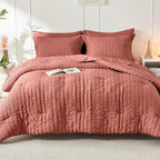 HYMOKEGE Coral California King Comforter Set Seersucker 7 Pieces, All Season Luxury Bed in a Bag for Bedroom, Bedding Set with Comforter, Sheets, Pillowcases & Shams