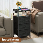 Furnulem Tall Night Stand with Charging Station and Led Light, Small Dresser with Open Shelf and 4 Storage Drawers, Black Side Table Fabric Nightstand for Bedroom, Entryway, Bedside Furniture