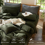 MooMee Bedding Duvet Cover Set 100% Washed Cotton Linen Like Textured Breathable Durable Soft Comfy (Solid Olive Green, Full 80"x90")