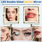 Ruacq Rechargeable Wall Mounted Makeup Mirror with Lights, Double Sided 1X/10X Magnifying Vanity Mirror with 3 Color Lights, Touch Screen Dimmable, 360° Rotation Extension Foldable Arm(Antique Brass)