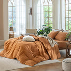 MooMee Bedding Duvet Cover Set 100% Washed Cotton Linen Like Textured Breathable Durable Soft Comfy (Solid Burnt Orange, Queen 90"x90")