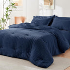 HYMOKEGE Navy Blue King Size Comforter Set Seersucker 7 Pieces, All Season Luxury Bed in a Bag for Bedroom, Bedding Set with Comforters, Sheets, Pillowcases & Shams