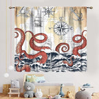 Nautical Octopus Curtains, Coastal Old Pirate Map Sailboat Compass Ocean Wave Kraken Octopus Tentacles Vintage Window Drapery Treatment for Bedroom Living Room Kitchen Bathroom 2 Panels, 42"x54" Inch