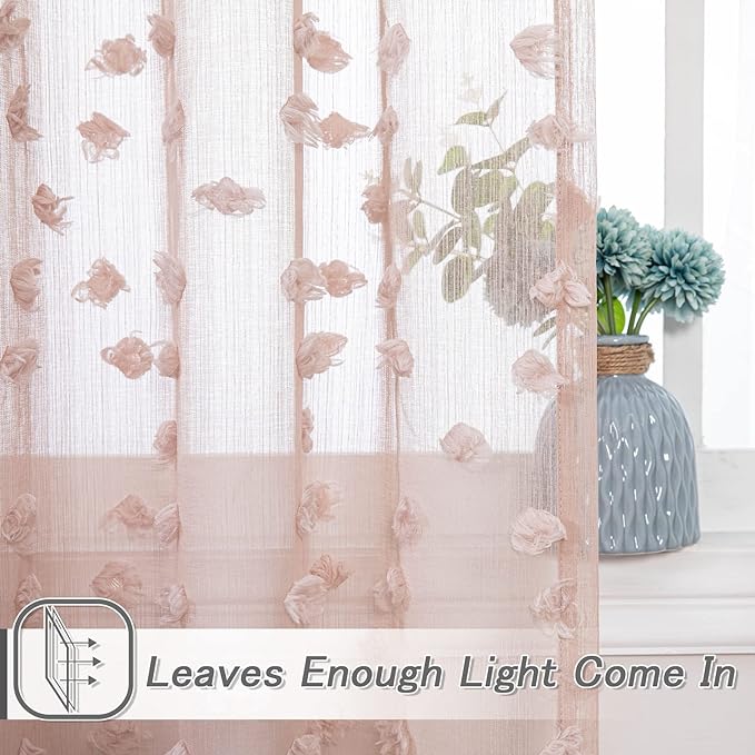 MYSKY HOME Pom Pom Pink Sheer Curtains for Bedroom Girls Room Dusty Rose Curtains 63 inch Length for Nursery Kids Light Filtering Boho Window Drapes, Rod Pocket, 52" Wide, 2 Panels