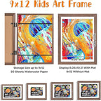 KINLINK 9x12 Kids Art Frames Set of 2, Solid Wood Kids Artwork Frames Changeable with Acrylic Front Opening Holds 150 Pictures, Art Frame for Kids Artwork with Mat or without Mat, Brown Wood