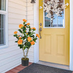 GOFLAME 3FT Artificial Camellia Tree, 2 Pack Faux Camellia Plant with Orange Flowers, Solid Wood Trunk, Realistic Moss, Greenery Potted Decoration Tree for Indoor Outdoor Home Porch Front Door
