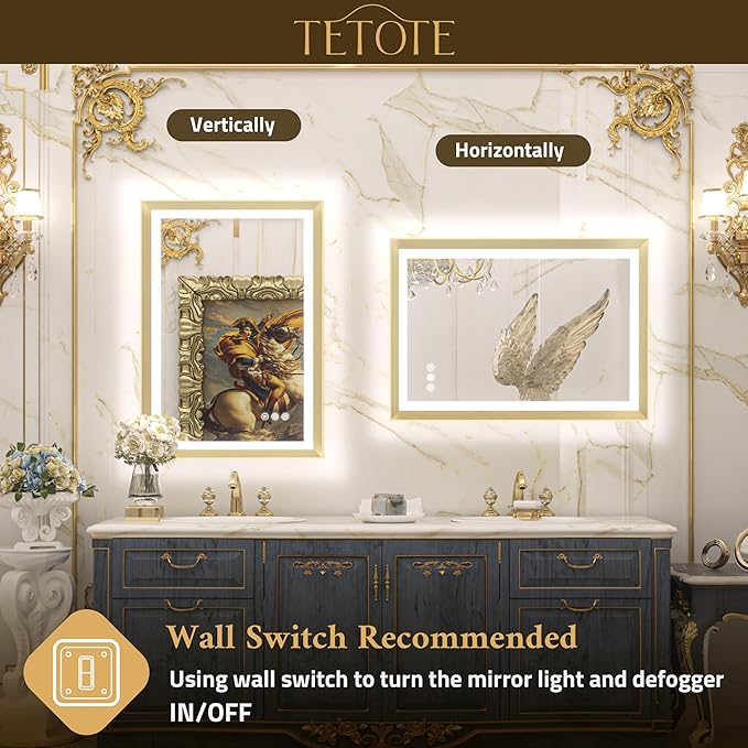 TETOTE 36x36 LED Mirror for Bathroom Gold Metal Frame Frontlit & Backlit Lighted Vanity Mirror Baroque Anti Fog Stepless Dimmable White/Warm/Natural,CRI90+,Waterproof,Wall Mounted(Horizontal/Vertical)