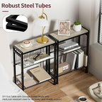 Narrow Side Table for Small Space, 3-Tier End Table with Magazine Holder, Slim Nightstand with Wire Shelf, Skinny Bedside Table in Living Room, Bedroom, Study, Kitchen and Balcony(Greige)