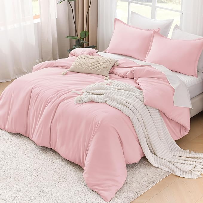 Litanika Pink Comforter Set King Size, 3 Pieces Aesthetic Soft Solid Bedding Comforter Set, All Season Bed Set (104x90In Comforter & 2 Pillowcases)