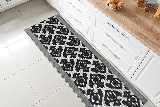Custom Length Cut to Size Fleur de Lis Inspired Carpet Runner Rug for Hallways, Non Slip Rubber Backed, 31 inch Wide X Customized Length, Royal Grey, 31 inch X 4 feet, Doormat Size