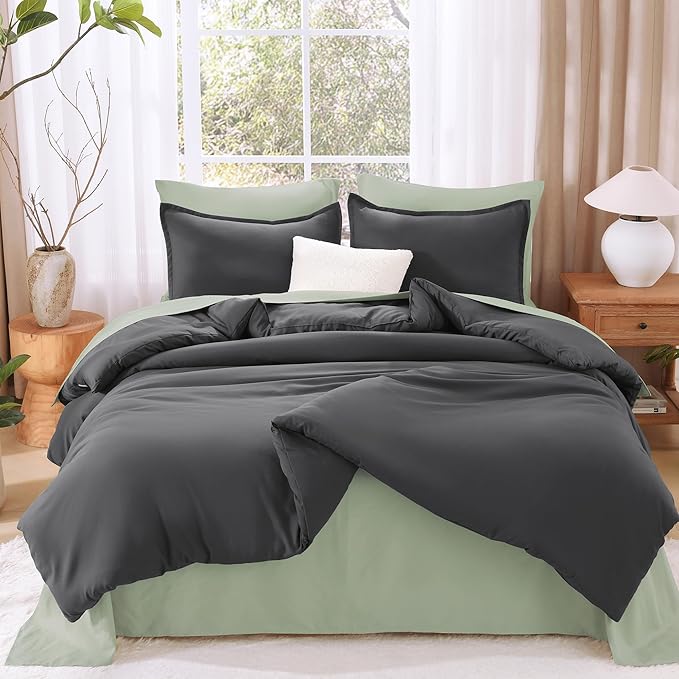 Litanika Dark Grey Comforters Oversized Queen Size, 3 Pieces Lightweight Solid Bedding Comforter Set, All Season Fluffy Bed Set (98x98In Comforter & 2 Pillowcases)