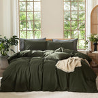 MooMee Bedding Duvet Cover Set 100% Washed Cotton Linen Like Textured Breathable Durable Soft Comfy (Solid Olive Green, Alaska King 132"x120")