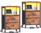 Furologee Nightstands Set of 2 Charging Station, End Tables with LED Lights, Nightstands with 2 Fabric Drawers and Shelves, Bedside Tables for Living Room/Bedroom,Rustic Brown