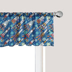 Ambesonne Spaceship Window Valance Pack of 2, Hand-Drawn Cartoon Spaceships Planets and Stars Outer Space Exploration Theme, Rod Pocket Curtain Valances for Kitchen Bedroom, 42" X 18", Violet Blue