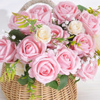 BLEUM CADE 50 Pcs Pink Roses Artificial Flowers, Real Touch Velvet Roses Fake Flowers Bulk, Artificial Roses Bouquet with Long Stems Bridal DIY Wedding Party Centerpiece Decorations