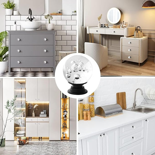 12 Pcs 30mm Round Shape Bubble Crystal Glass Cabinet Knobs with Screws Drawer Knob Pull Handle Used for Kitchen, Dresser, Door, Cupboard (Black Base Clear)
