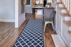 Custom Size Cut to Length Moroccan Trellis Design Runner Rug Mat For Wide Long Hallways with Non-Slip Rubber Backing, Better Traction for Pets, Prevent Slippage, Trellis Navy Blue, 31 inch X 19 feet