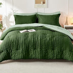 HYMOKEGE Dark Green/Sage Green California King Comforter Set Seersucker 7 Pieces, All Season Luxury Bed in a Bag for Bedroom, Bedding Set with Comforter, Sheets, Pillowcases & Shams