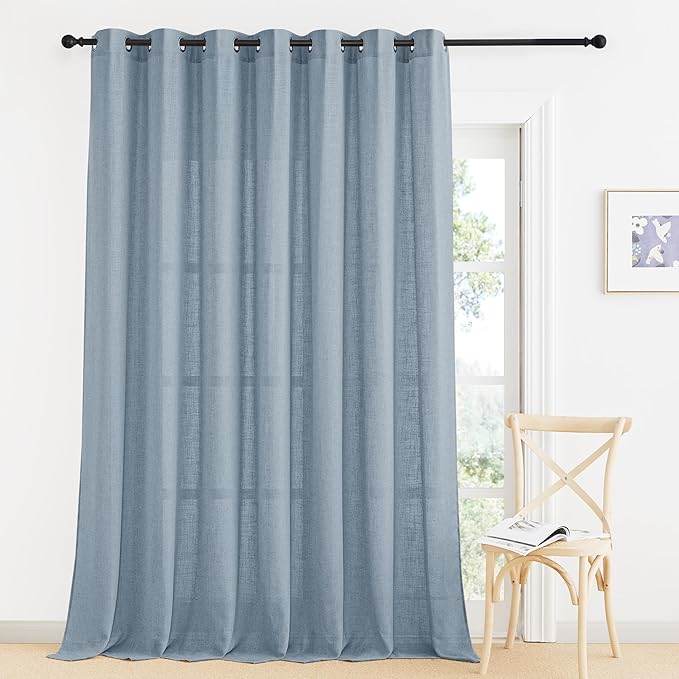 RYB HOME Natural Linen Curtains for Living Room Nursery Playroom, Modern Privacy Drapes 84 inch Length Vertical Semi Transparent Sheer for Large Windows, W 100 inch x L 84 inch, Dusty Blue, 1 Pc