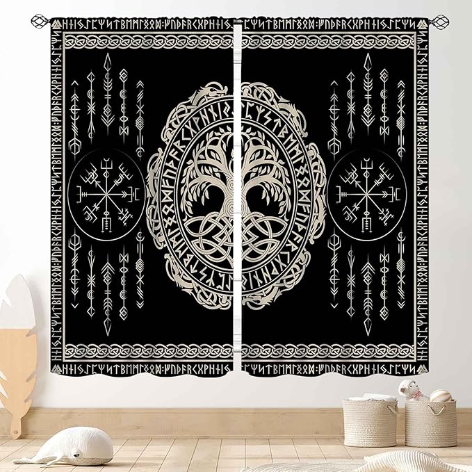 Viking Curtains, Nordic Tree of Life Celtic Rune Scandinavian Gothic Norse Mythology Aesthetic Retro Drapery for Bedroom Living Room Bathroom Window 2 Panel Set, 84"x63" Inch