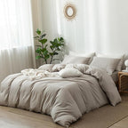 MooMee Bedding Duvet Cover Set 100% Washed Cotton Linen Like Textured Breathable Durable Soft Comfy (Heathered Cream Grey, Cal King 104"x98")