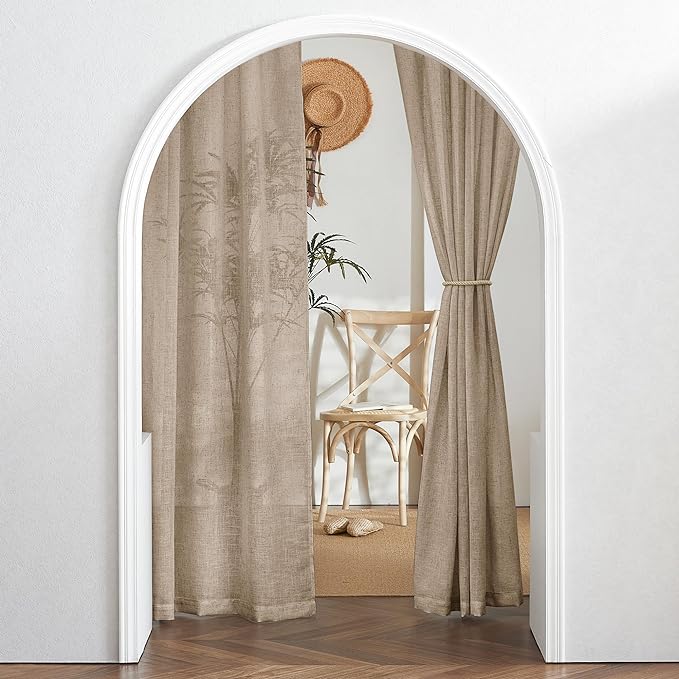 RYB HOME Natural Linen Blend Sheer Curtains for Kitchen, Semi Sheer Light Filtering Privacy Protected Rod Pocket & Back Tab Curtain Panels for Small Window, 52 x 45 inch, Khaki, 2 Panels Set