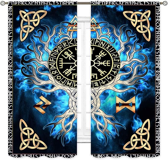 Tree of Life Curtains, Vikings Celtic Nordic Life Tree Scandinavian Aesthetic Mythology Blue Window Drapery Treatments for Bedroom Living Room Bathroom 2 Panels, 63"x72" Inch