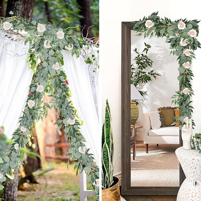 RECUTMS 2Pack Artificial Eucalyptus Garland with Willow Leaves 6Feet Fake Hanging Plant Silk Eucalyptus Willow Leaves Ivy Garland Faux Greenery for Indoor Outdoor Wedding Party Home Table Arch Decor