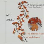 Hairui Lighted Maple Leaf Garland with Timer 6FT 24 Warm White LED, Fall Garland with Lights Battery Operated for Thanksgiving Harvest Christmas Wedding Decoration Indoor Outdoor
