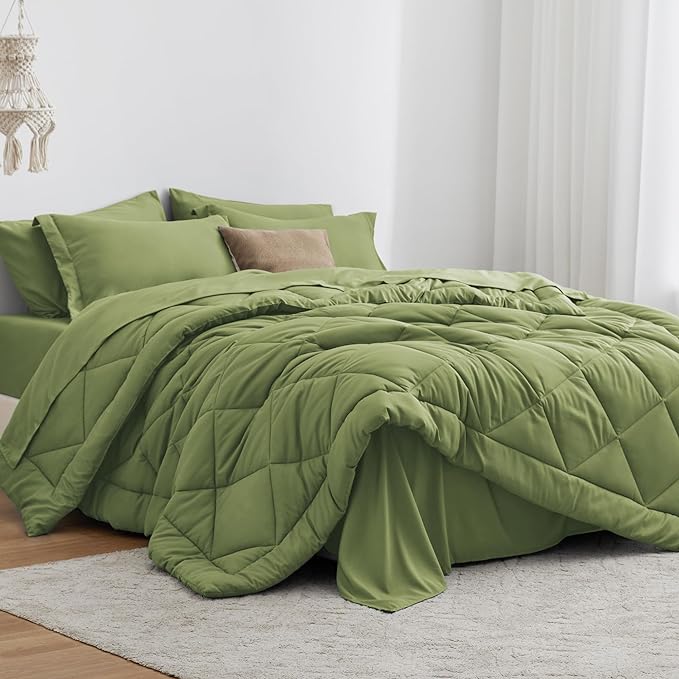 Love's cabin Queen Comforter Set Olive Green, 7 Pieces Queen Bed in a Bag, All Season Bedding Sets with 1 Comforter, 1 Flat Sheet, 1 Fitted Sheet, 2 Pillowcase and 2 Pillow Sham