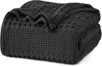 PHF 100% Cotton Waffle Weave Blanket Queen Size for Bed, Soft Lightweight & Breathable, All-Season Comfort, Luxury Aesthetic Woven Bedding for Home Decor, 90"x90", Black