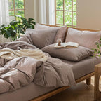 MooMee Bedding Duvet Cover Set 100% Washed Cotton Linen Like Textured Breathable Durable Soft Comfy (Heathered Mauve Brown, Twin 68"x90")