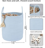 Cotton Rope Laundry Basket Hamper for Clothes Woven Storage Basket for Living Room Bedroom Boho Tall Rope Baskets for Blanket Toys Pillow Towels Baby Nursery Hamper Bin light blue