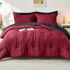 HYMOKEGE Red & Black King Size Comforter Set Seersucker 7 Pieces, All Season Luxury Bed in a Bag for Bedroom, Bedding Set with Comforters, Sheets, Pillowcases & Shams