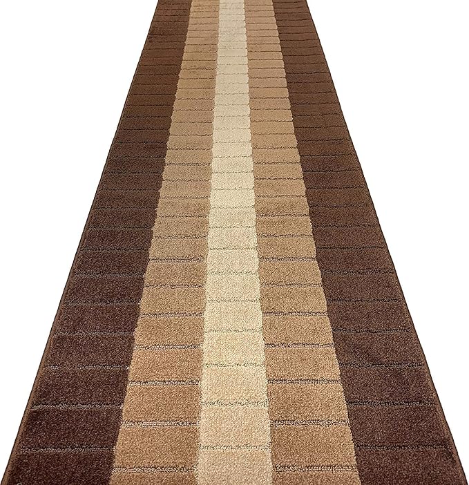 Custom Size Modern Geometric Pattern Carpet Runner Rug for Hallways, Slip Resistant Latex Rubber Backed, 31 inch Wide X Customized Length, Squares Brown, 31 inch X 18 feet