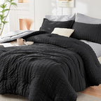 HYMOKEGE Black/Light Grey Full Size Comforter Sets Seersucker 7 Pieces, All Season Luxury Bed in a Bag for Bedroom, Bedding Set with Comforter, Sheets, Pillowcases & Shams