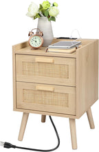 Finnhomy Nightstand with Charging Station, Bedside Table with 2 Hand Made Rattan Decorated Drawers, Night Stand with Storage for Bedroom, Natural
