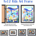 KINLINK 9x12 Kids Art Frames Set of 2, Solid Wood Kids Artwork Frames Changeable with Acrylic Front Opening Holds 150 Pictures, Art Frame for Kids Artwork with Mat or without Mat, Black Wood