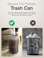 2 Gallons Wicker Waste Basket - Water Hyacinth Bathroom Trash Can - Garbage Can with Lid Boho Style - Wicker Trash Can with Lid for Bedroom, Kitchen - Removable Liner, Handwoven (Black Color)
