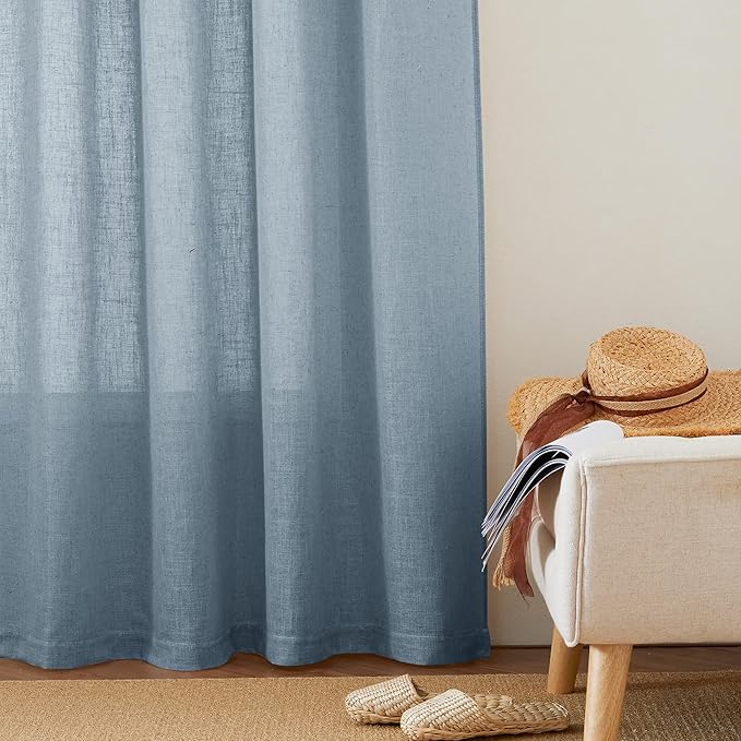 RYB HOME Flax Linen Blend Curtains 102 inches Long for Living Room, Semi Translucent Privacy Protection Light Filtering Decorative Drapes for Bedroom, W 52 x L 102 inches, Dusty Blue, 2 Panels