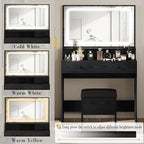 IRONCK Vanity Desk Set with LED Lighted Mirror & Power Outlet, Makeup Vanity Table with 4 Drawers,Storage Bench,for Bedroom, Bathroom, Black