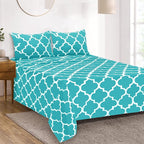Mejoroom Queen Bed Sheet Set - Super Soft Brushed Microfiber - 1800 Thread Count Queen Sheets with 16 inch Deep Pocket - Wrinkle Free - 4 Piece(Queen, Aqua Quatrefoil with White Pattern)