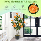 GOFLAME 3FT Artificial Camellia Tree, 2 Pack Faux Camellia Plant with Orange Flowers, Solid Wood Trunk, Realistic Moss, Greenery Potted Decoration Tree for Indoor Outdoor Home Porch Front Door