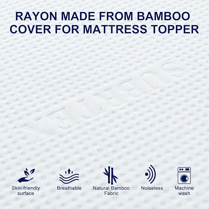 Subrtex 2 Inch Mattress Topper Cover (Only Cover) Mattress Topper Protector Bedding Rayon Made from Bamboo Removable Mattress Encasement with Zippers, CK