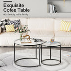 aboxoo Gold Nesting Coffee Table Set of 2, Small Glass Round Nesting Tables for Living Room Bedroom, Accent Tea Table with Black Metal Frame Modern Industrial Simple