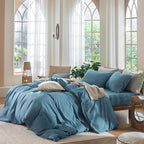 MooMee Bedding Duvet Cover Set 100% Washed Cotton Linen Like Textured Breathable Durable Soft Comfy (Heathered Peacock Blue, Twin 68"x90")