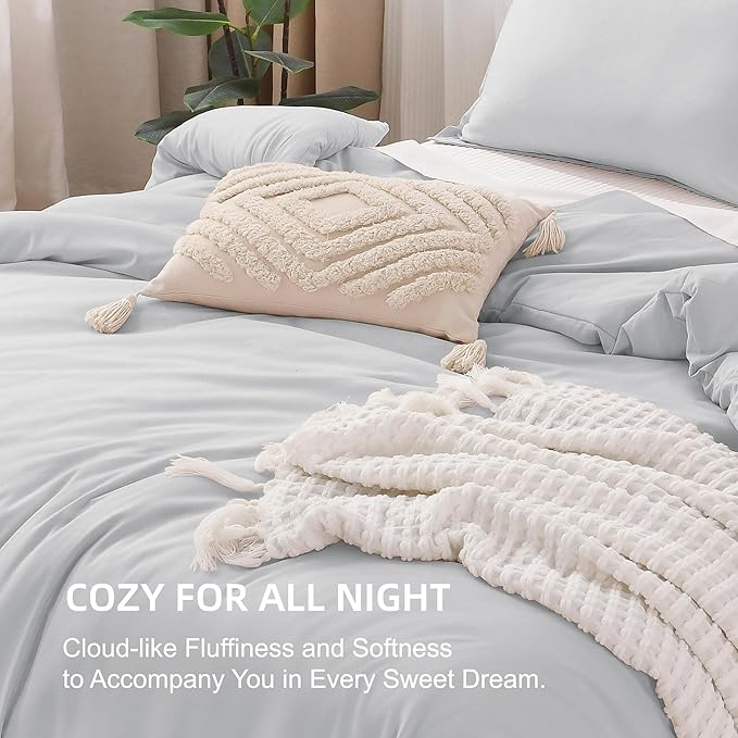 Litanika Light Grey Comforter Queen Size, 3 Pieces Lightweight Solid Bedding Comforter Set, All Season Fluffy Bed Set (90x90In Comforter & 2 Pillowcases)